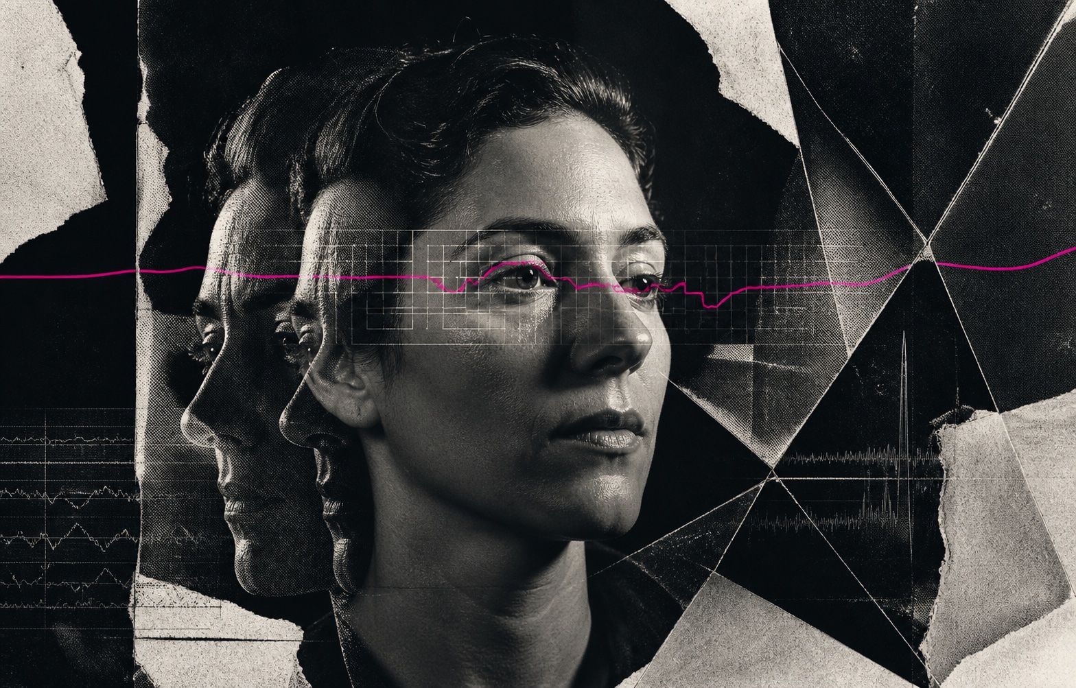 A black-and-white collage of a calm face repeated in fractured layers while a neon-magenta signal crosses the eyes.